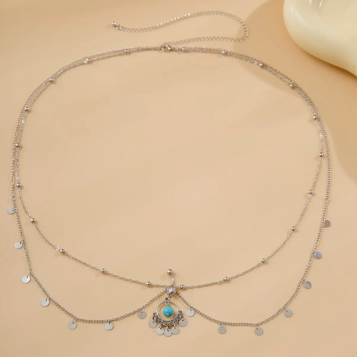 Boho Layered Crystal Inlaid Turquoise Sequin Tassel Navel Piercing Waist Chain