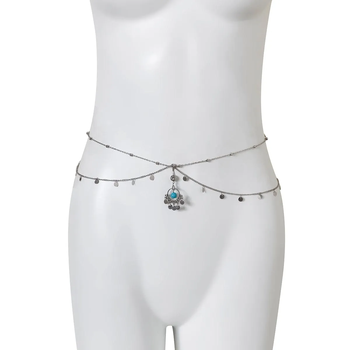 Boho Layered Crystal Inlaid Turquoise Sequin Tassel Navel Piercing Waist Chain