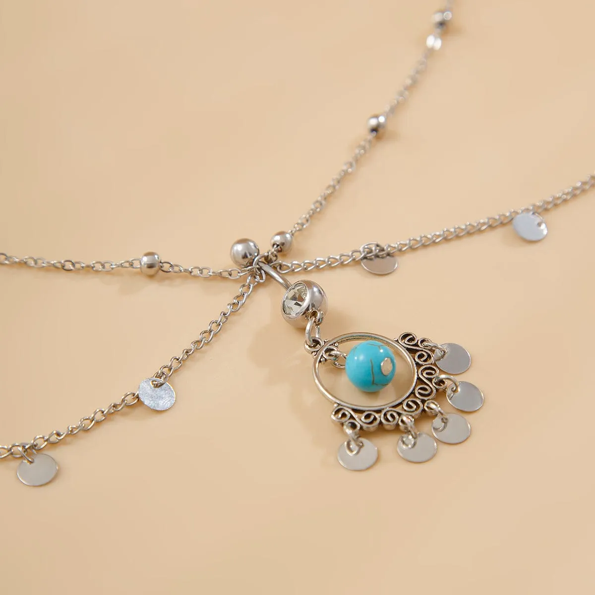 Boho Layered Crystal Inlaid Turquoise Sequin Tassel Navel Piercing Waist Chain