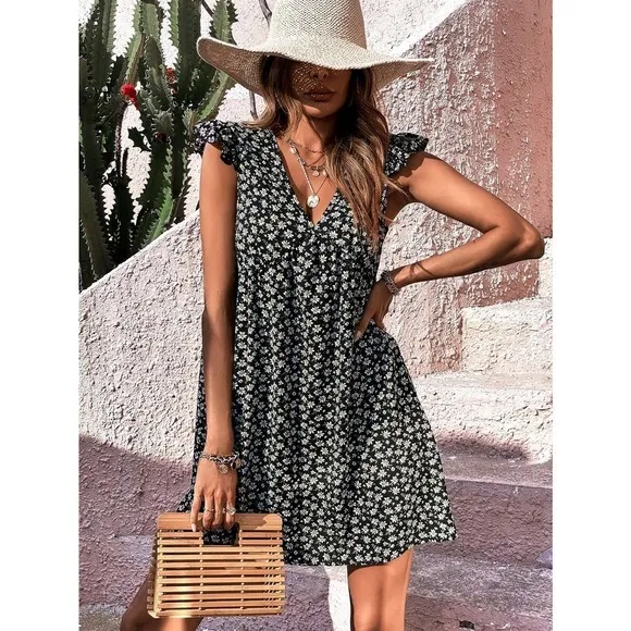Boho preppy Floral Print Ruffle Sleeve mini Dress v neck black