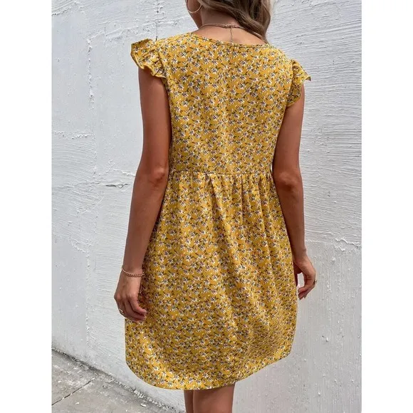 Boho preppy Floral Print Ruffle Sleeve mini Dress v neck black