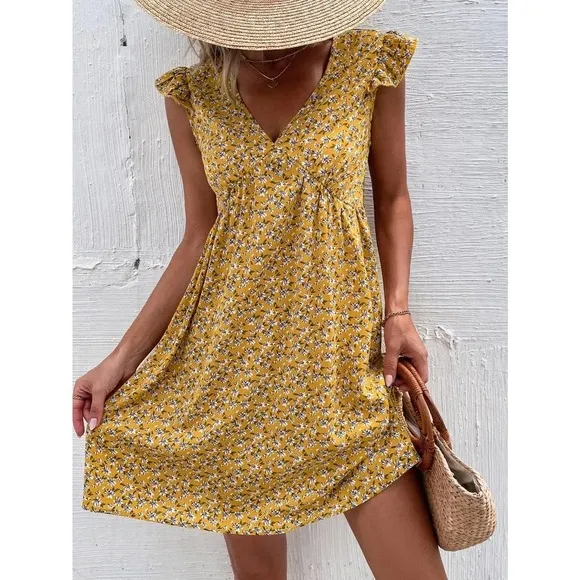 Boho preppy Floral Print Ruffle Sleeve mini Dress v neck black