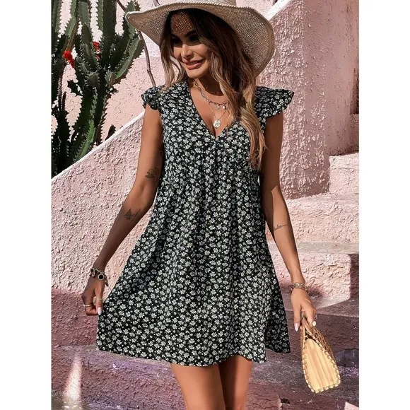 Boho preppy Floral Print Ruffle Sleeve mini Dress v neck black