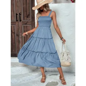 boho shirred bust Frill Trim tiered Cami midi Dress square neck baby blue