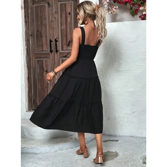 boho shirred bust Frill Trim tiered Cami midi Dress square neck baby blue