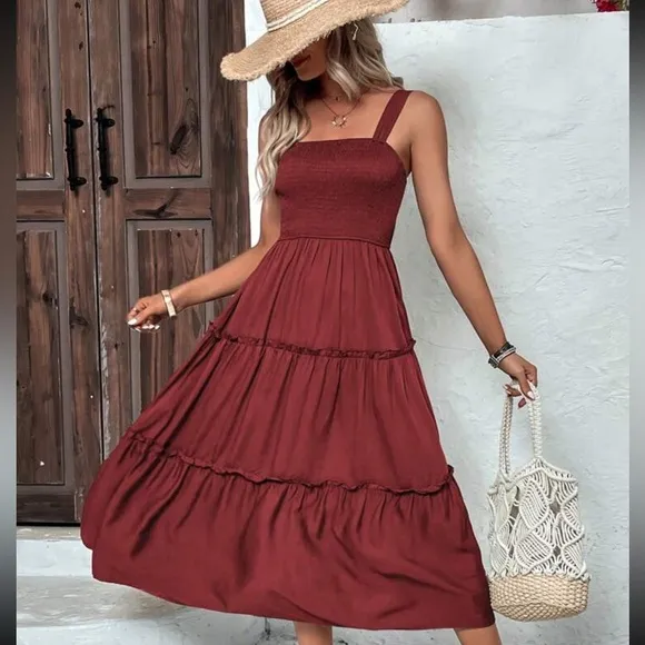 boho shirred bust Frill Trim tiered Cami midi Dress square neck yellow