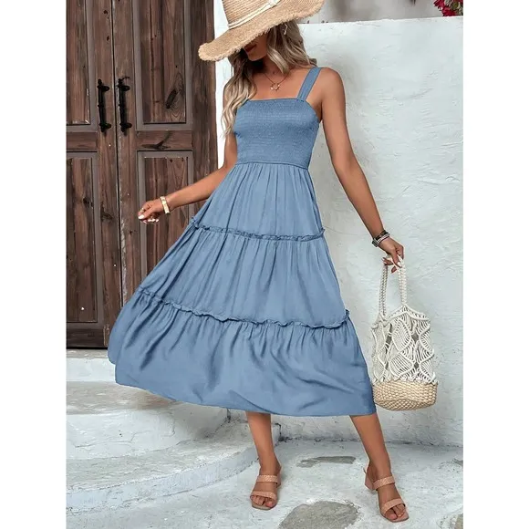 boho shirred bust Frill Trim tiered Cami midi Dress square neck yellow