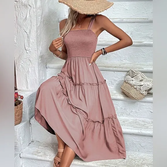 boho shirred bust Frill Trim tiered Cami midi Dress square neck yellow