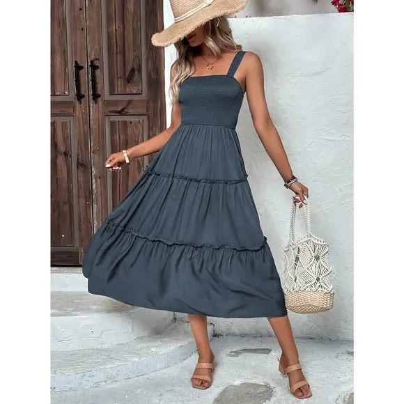 boho shirred bust Frill Trim tiered Cami midi Dress square neck yellow