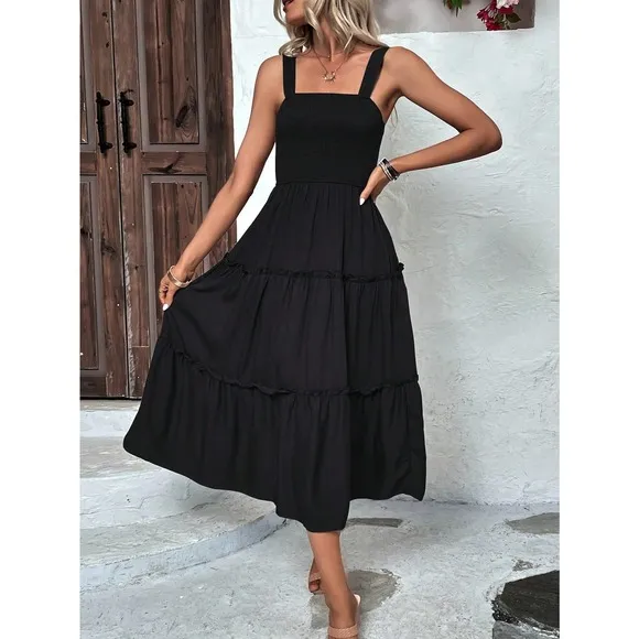 boho shirred bust Frill Trim tiered Cami midi Dress square neck yellow