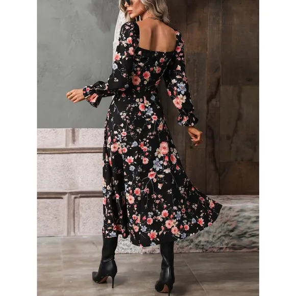 Boho square neck tie neck Floral Print Knot Front Split Thigh midi Dress