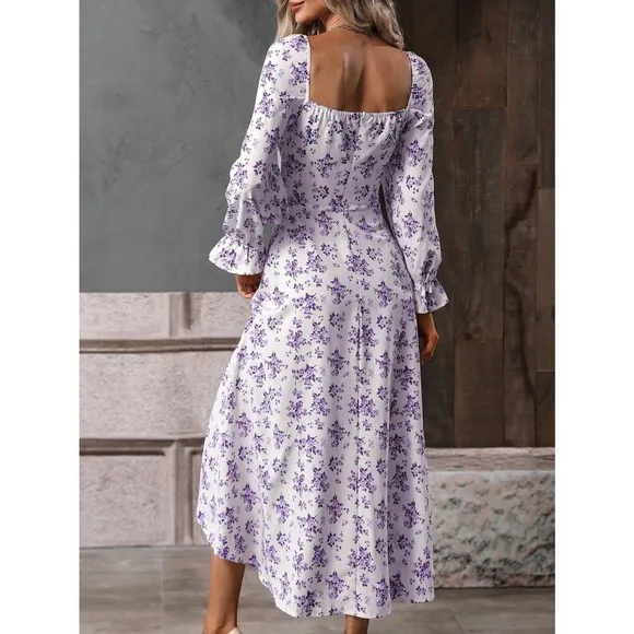 Boho square neck tie neck Floral Print Knot Front Split Thigh midi Dress