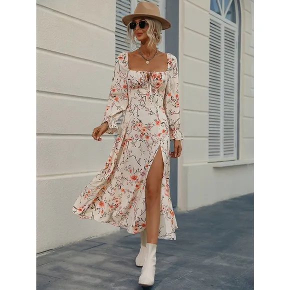 Boho square neck tie neck Floral Print Knot Front Split Thigh midi Dress