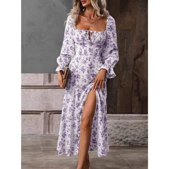 Boho square neck tie neck Floral Print Knot Front Split Thigh midi Dress