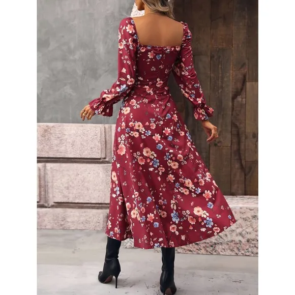 Boho square neck tie neck Floral Print Knot Front Split Thigh midi Dress