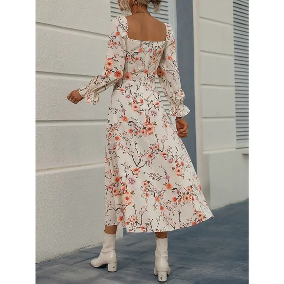 Boho square neck tie neck Floral Print Knot Front Split Thigh midi Dress