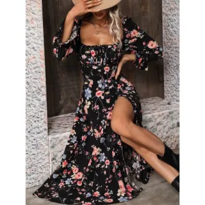Boho square neck tie neck Floral Print Knot Front Split Thigh midi Dress
