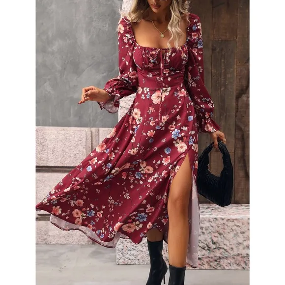 Boho square neck tie neck Floral Print Knot Front Split Thigh midi Dress