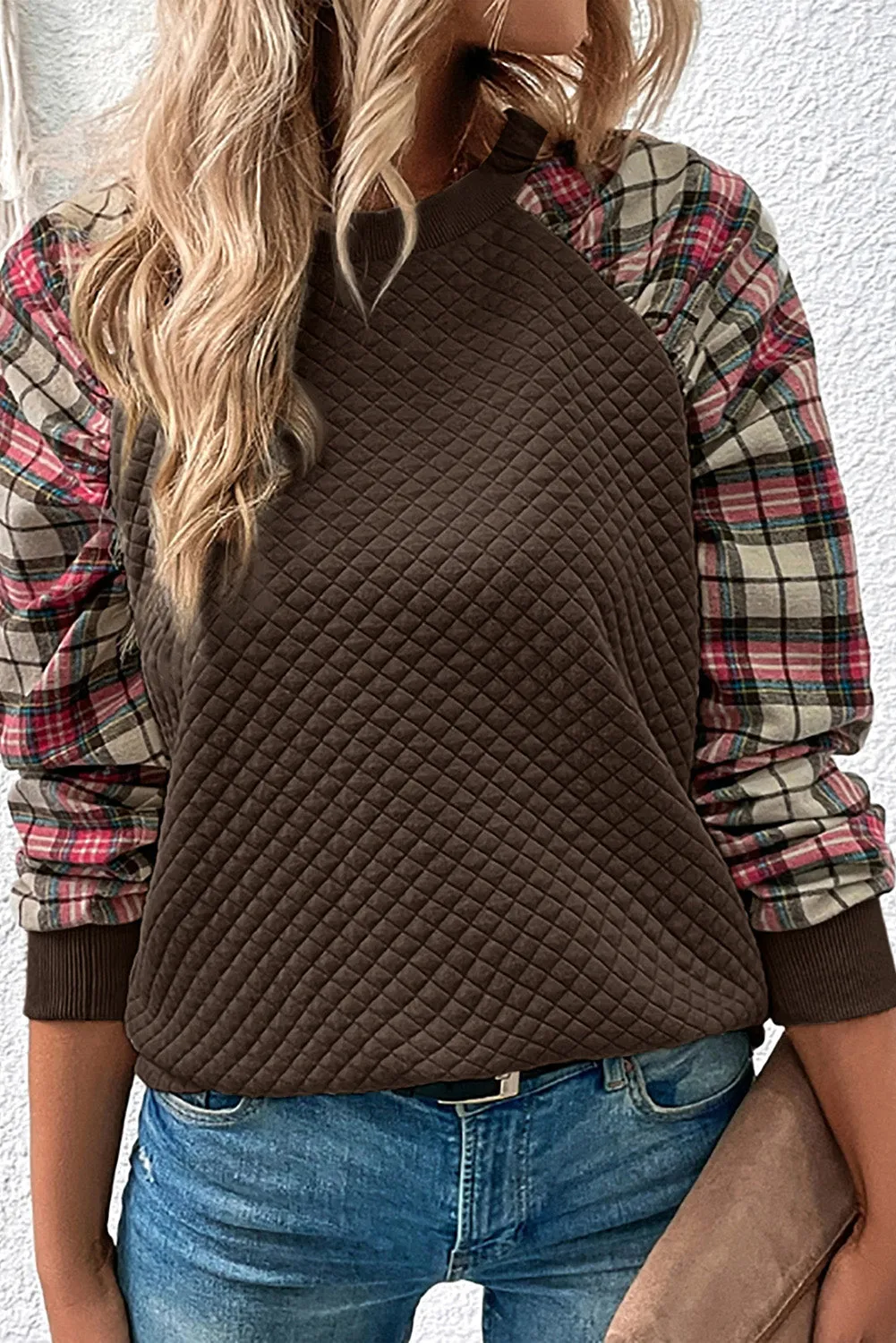 Brown Apricot Plaid Raglan Sleeve Sweatshirt