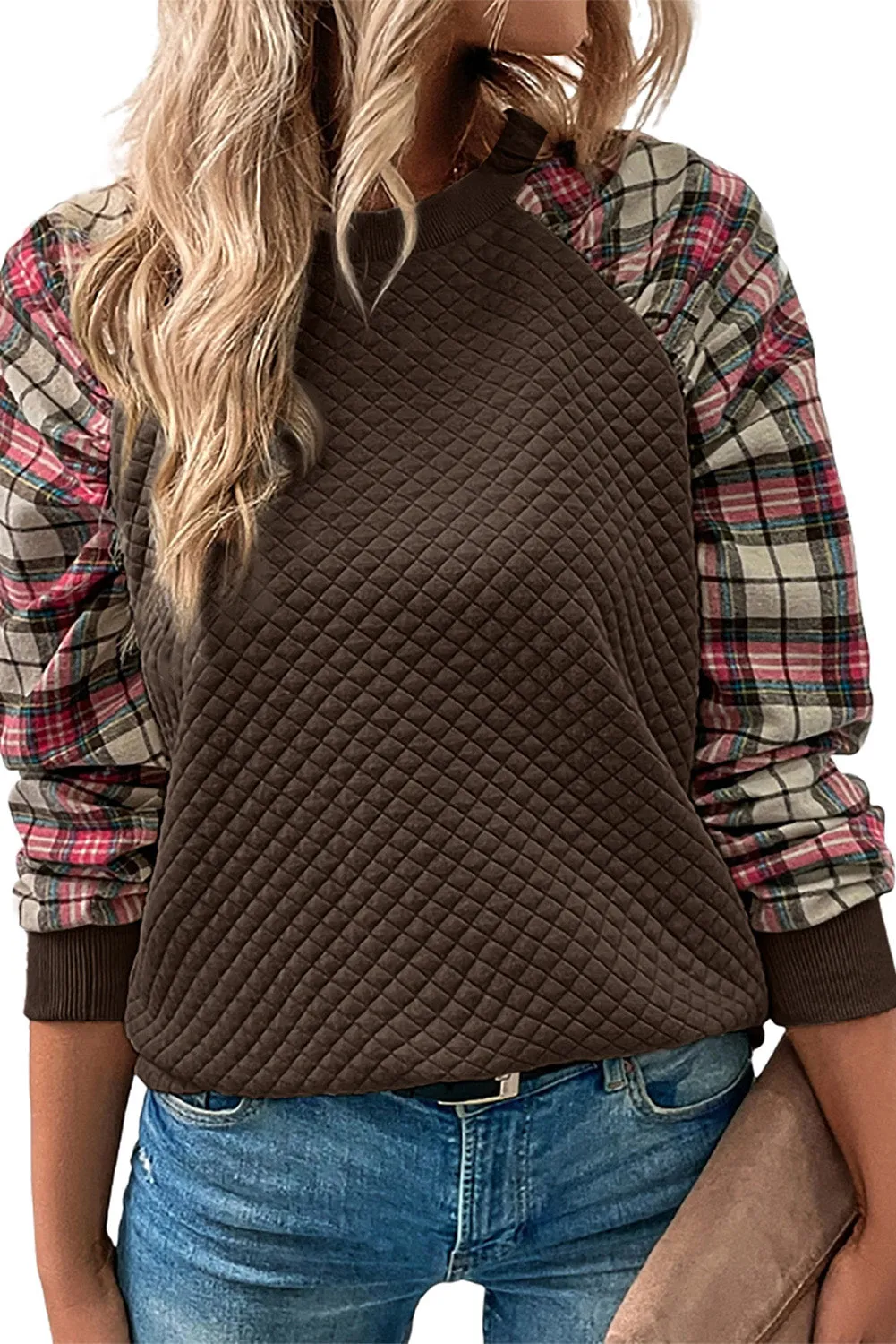 Brown Apricot Plaid Raglan Sleeve Sweatshirt