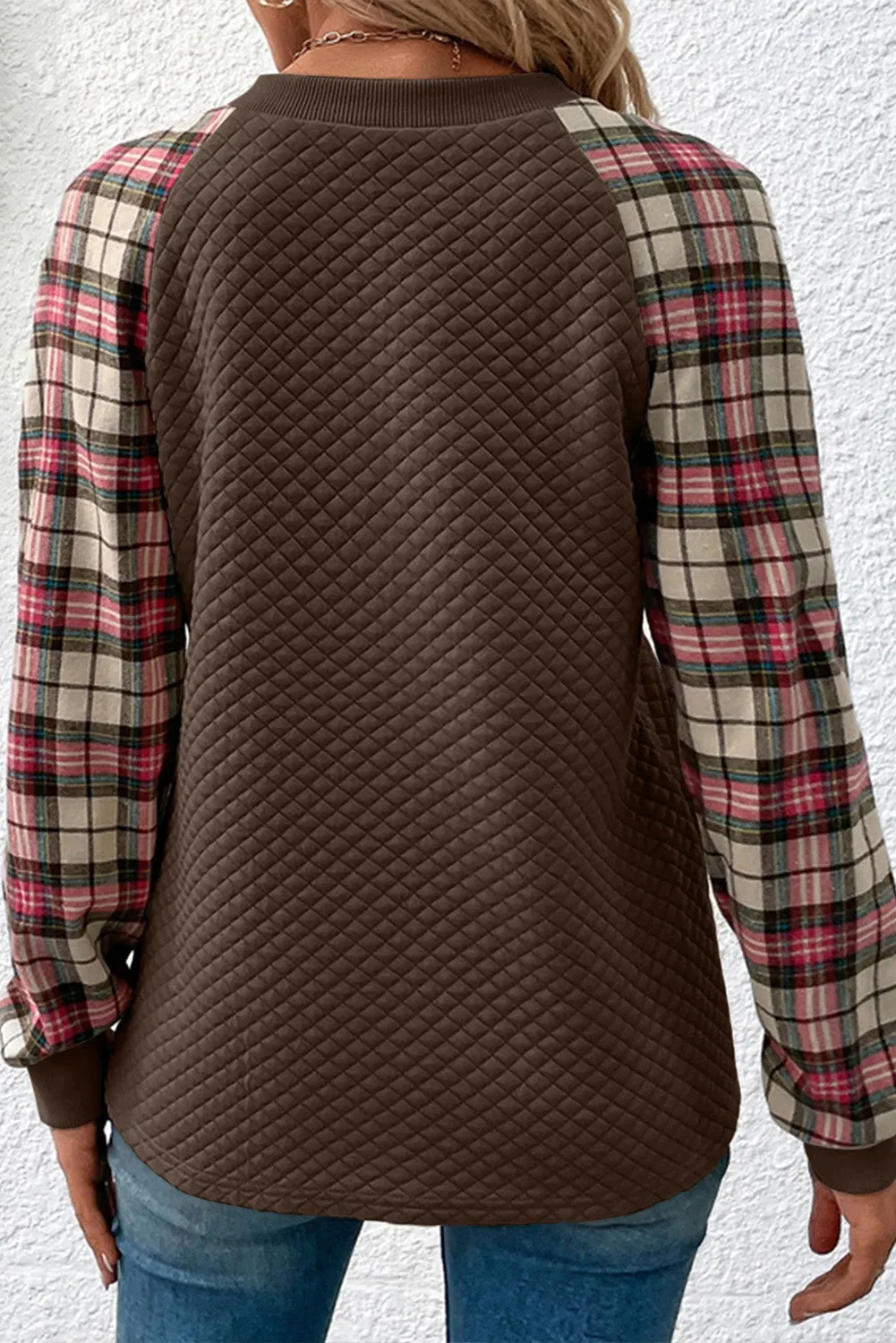 Brown Apricot Plaid Raglan Sleeve Sweatshirt