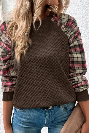 Brown Apricot Plaid Raglan Sleeve Sweatshirt
