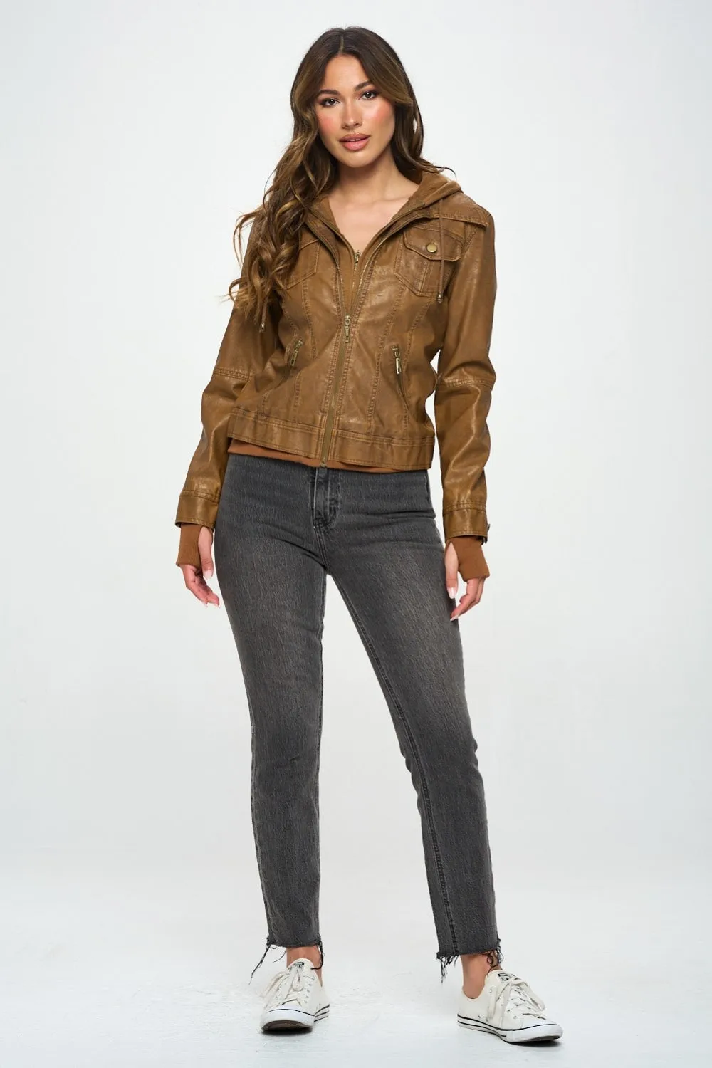 Brown Double Zip Hooded Long Sleeve Jacket