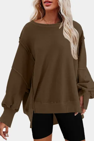Brown Exposed Seam Drop Shoulder Split Hem Sweatshirt