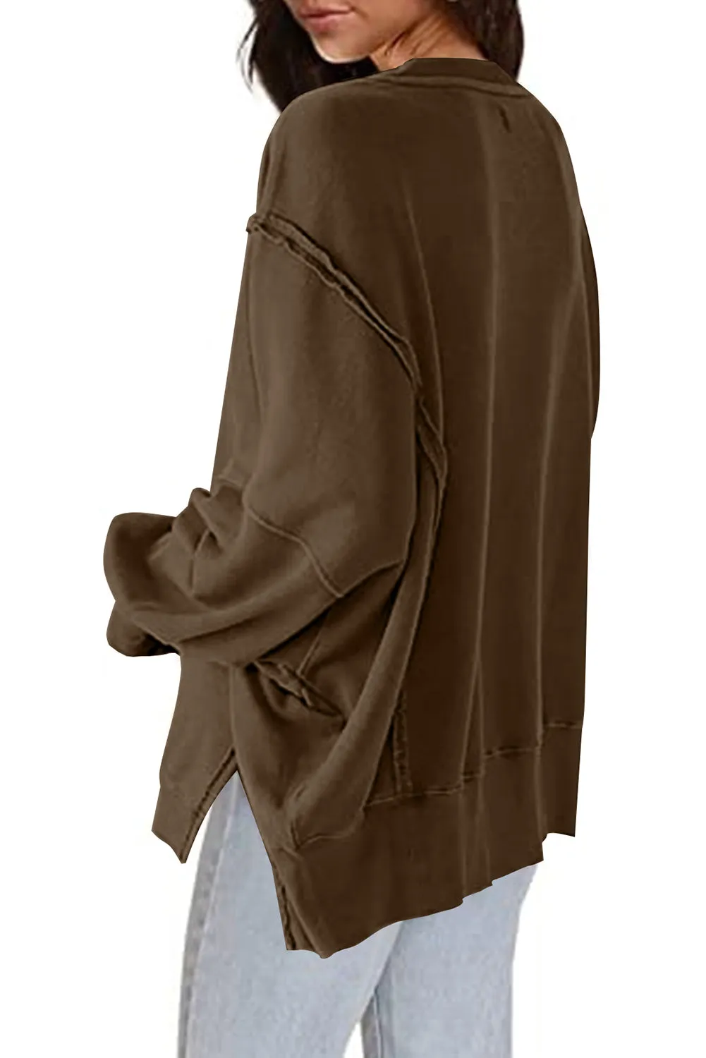 Brown Exposed Seam Drop Shoulder Split Hem Sweatshirt
