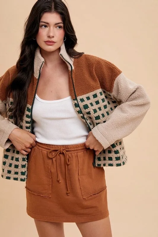 Brown Plaid Zip Up Drop Shoulder Sherpa Jacket