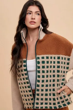 Brown Plaid Zip Up Drop Shoulder Sherpa Jacket