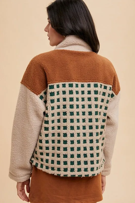 Brown Plaid Zip Up Drop Shoulder Sherpa Jacket