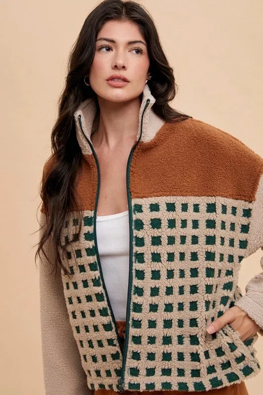 Brown Plaid Zip Up Drop Shoulder Sherpa Jacket
