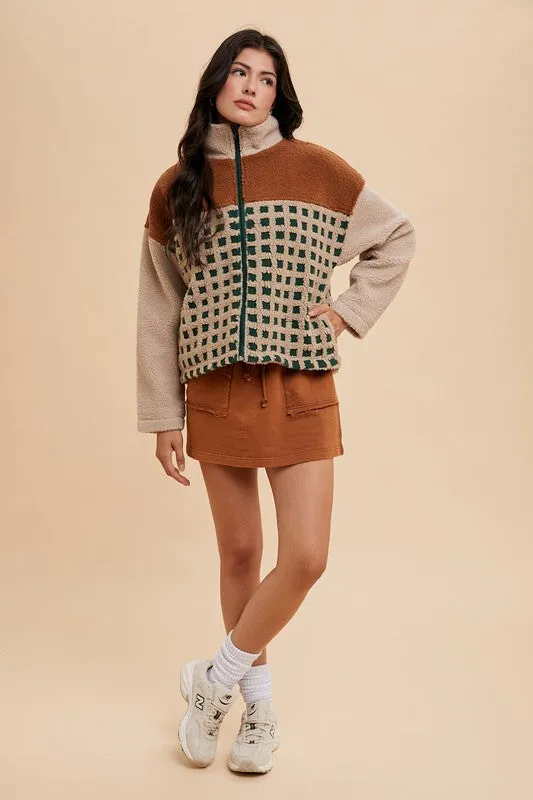 Brown Plaid Zip Up Drop Shoulder Sherpa Jacket