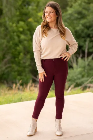 Burgundy Skinny Fit High Rise Pants