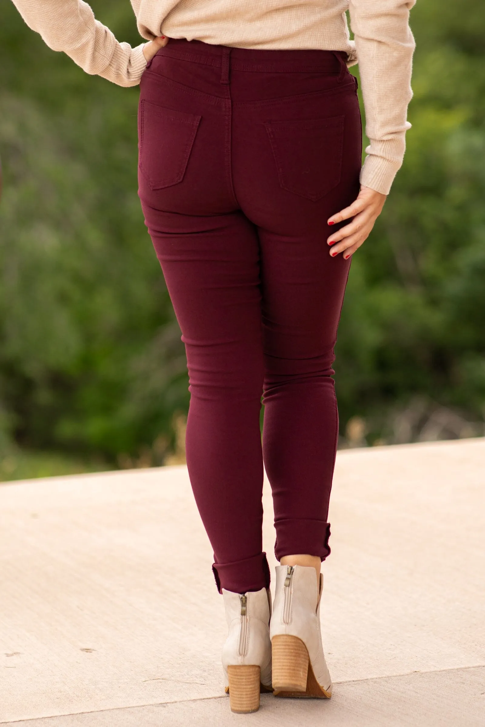 Burgundy Skinny Fit High Rise Pants