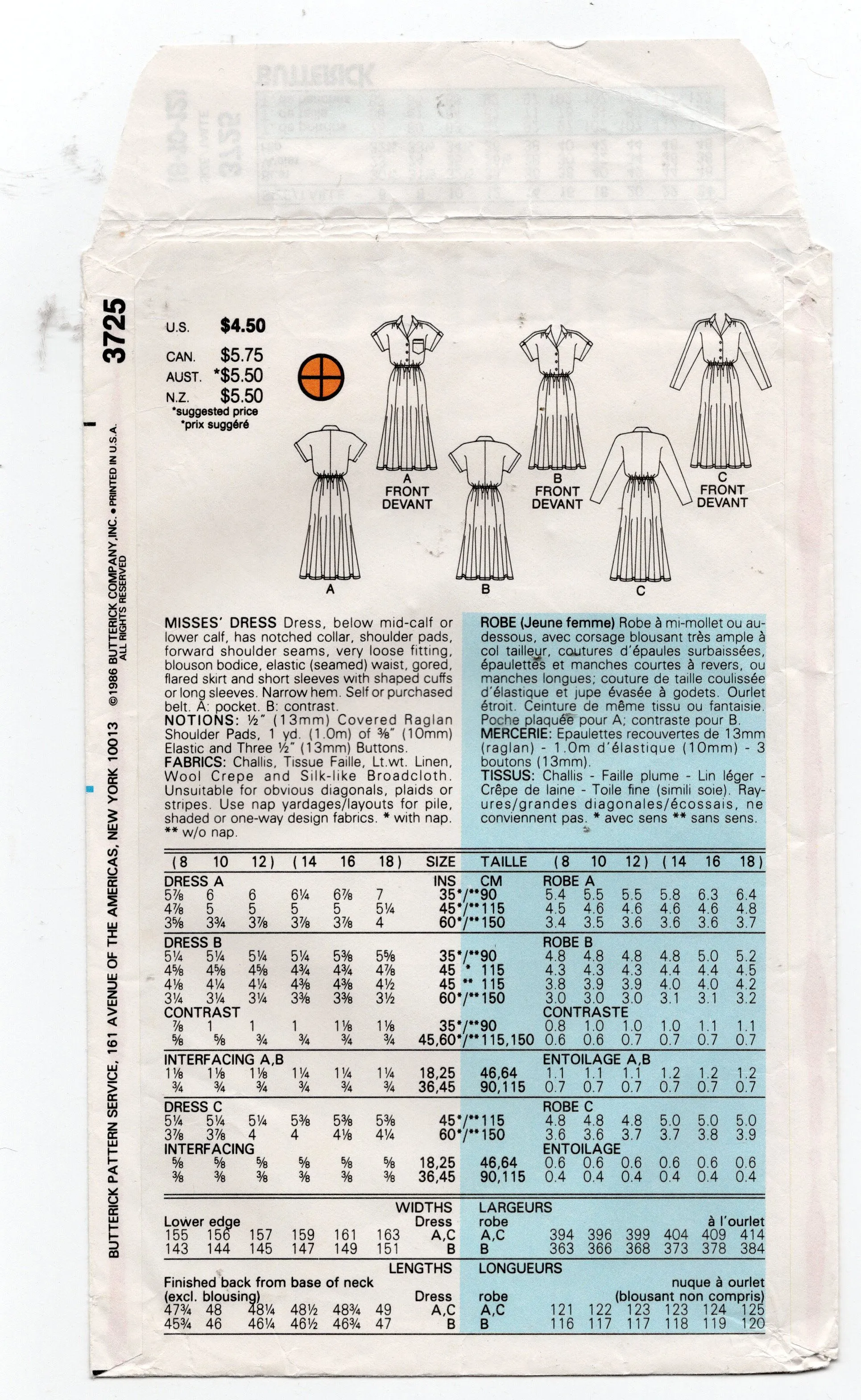 Butterick 3725 Womens Loose Fitting Shirtdress 1980s Vintage Sewing Pattern Size 8 & 10