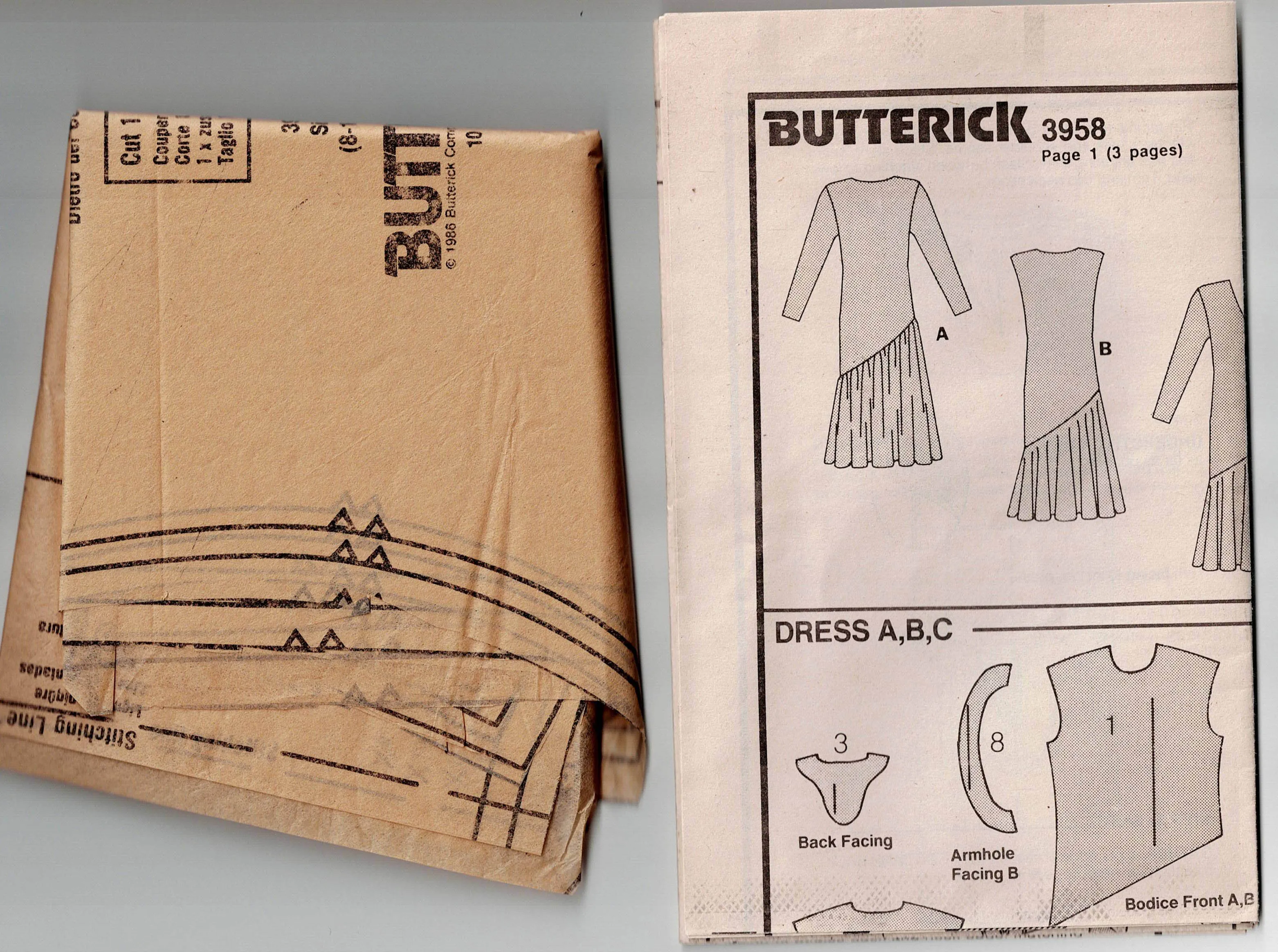 Butterick 3958 Womens EASY Dress with Asymmetric Flounce 1980s Vintage Sewing Pattern Size 8 - 12
