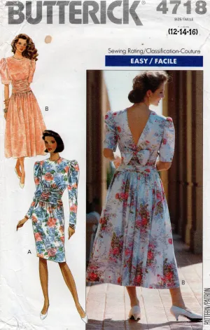 Butterick 4718 Womens V Back Puff Sleeved Evening Dress 1990s Vintage Sewing Pattern Size 12 - 16 UNCUT Factory Folded