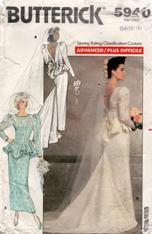 Butterick 5940 Womens Peplum Wedding / Bridesmaids V Back Dress with Optional Train 1980s Vintage Sewing Pattern Size 14 - 18