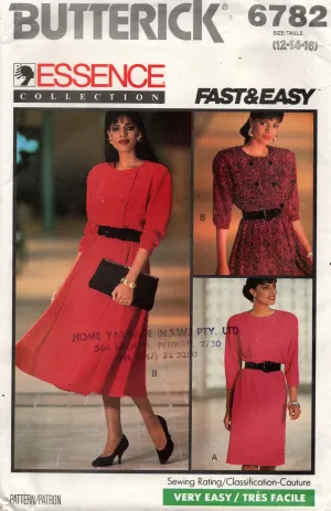 Butterick 6782 Womens EASY Dress with Slim or Flared Skirt 1980s Vintage Sewing Pattern Size 12 - 16 UNCUT Factory Folded