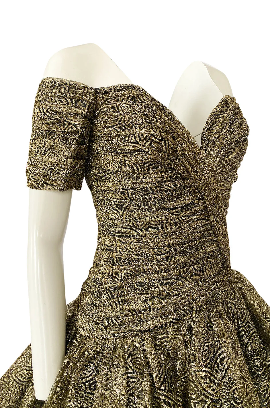 c.1984 Vicky Tiel Couture Metallic Gold & Black Lace Pouf Skirt Mini Dress