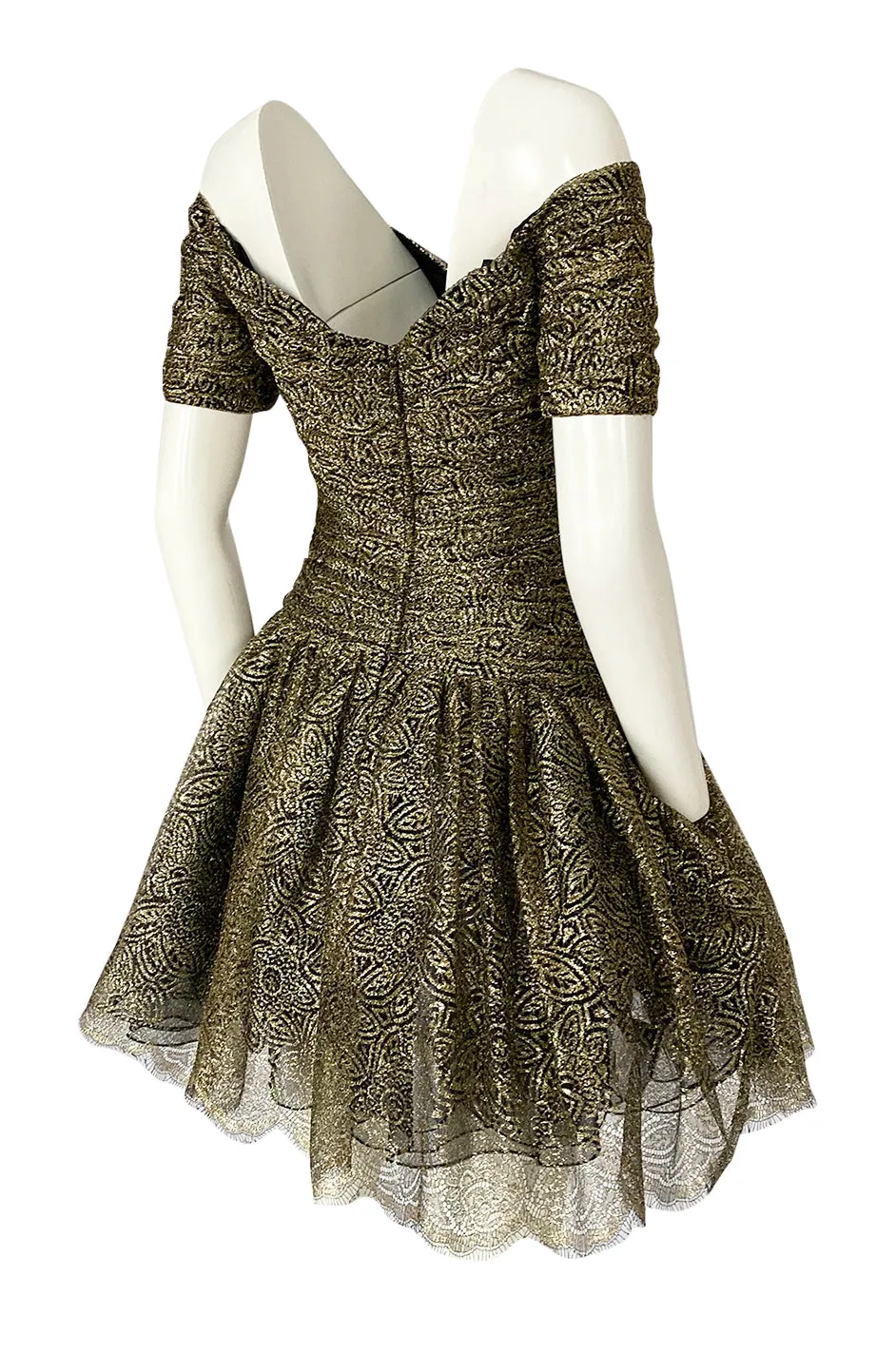 c.1984 Vicky Tiel Couture Metallic Gold & Black Lace Pouf Skirt Mini Dress