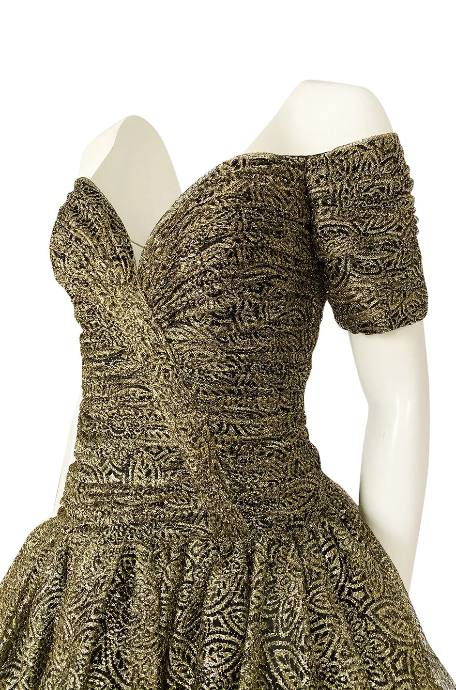 c.1984 Vicky Tiel Couture Metallic Gold & Black Lace Pouf Skirt Mini Dress
