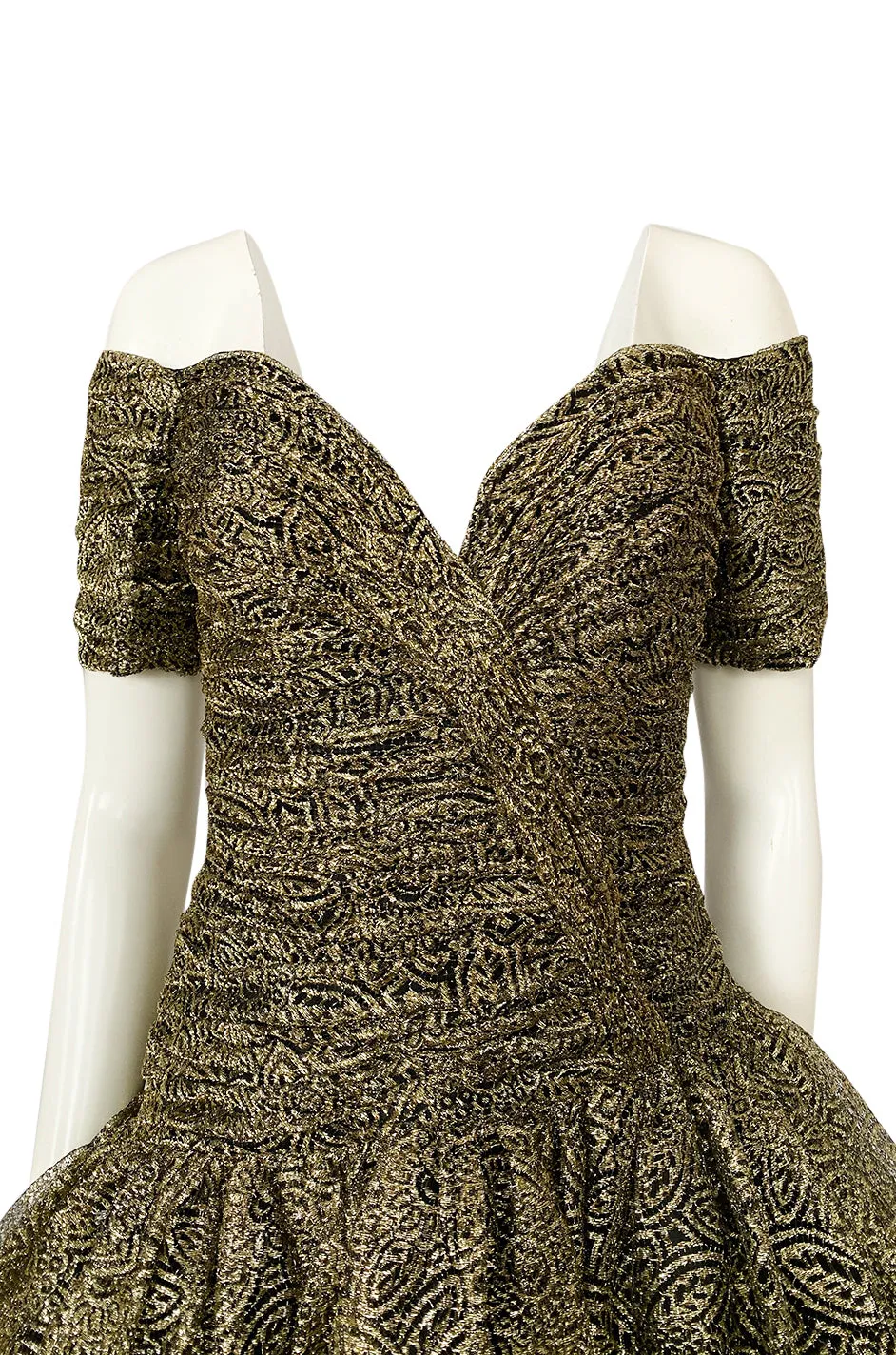 c.1984 Vicky Tiel Couture Metallic Gold & Black Lace Pouf Skirt Mini Dress