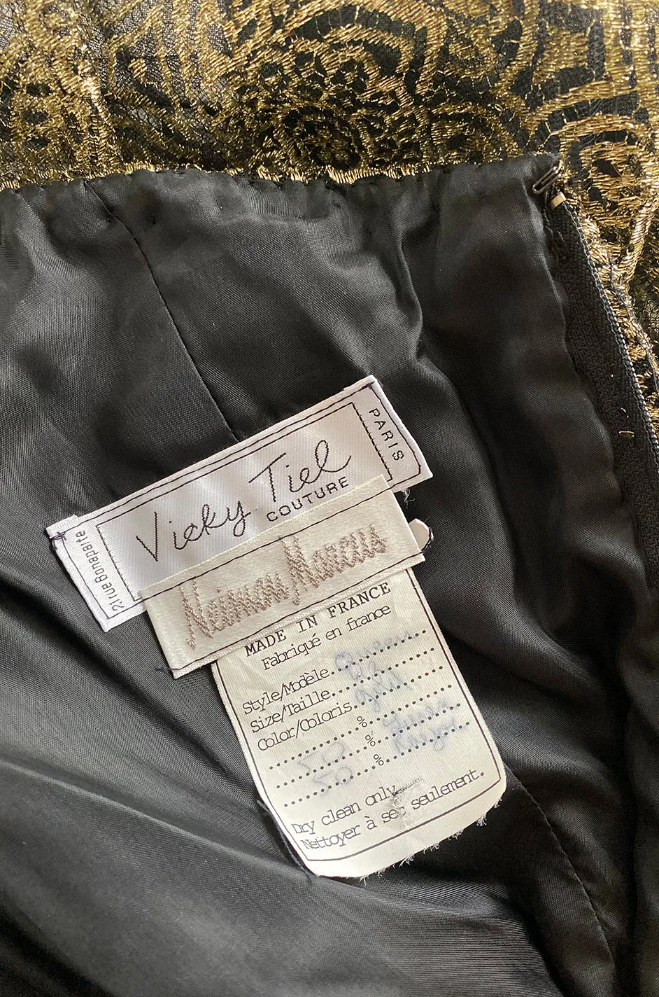 c.1984 Vicky Tiel Couture Metallic Gold & Black Lace Pouf Skirt Mini Dress