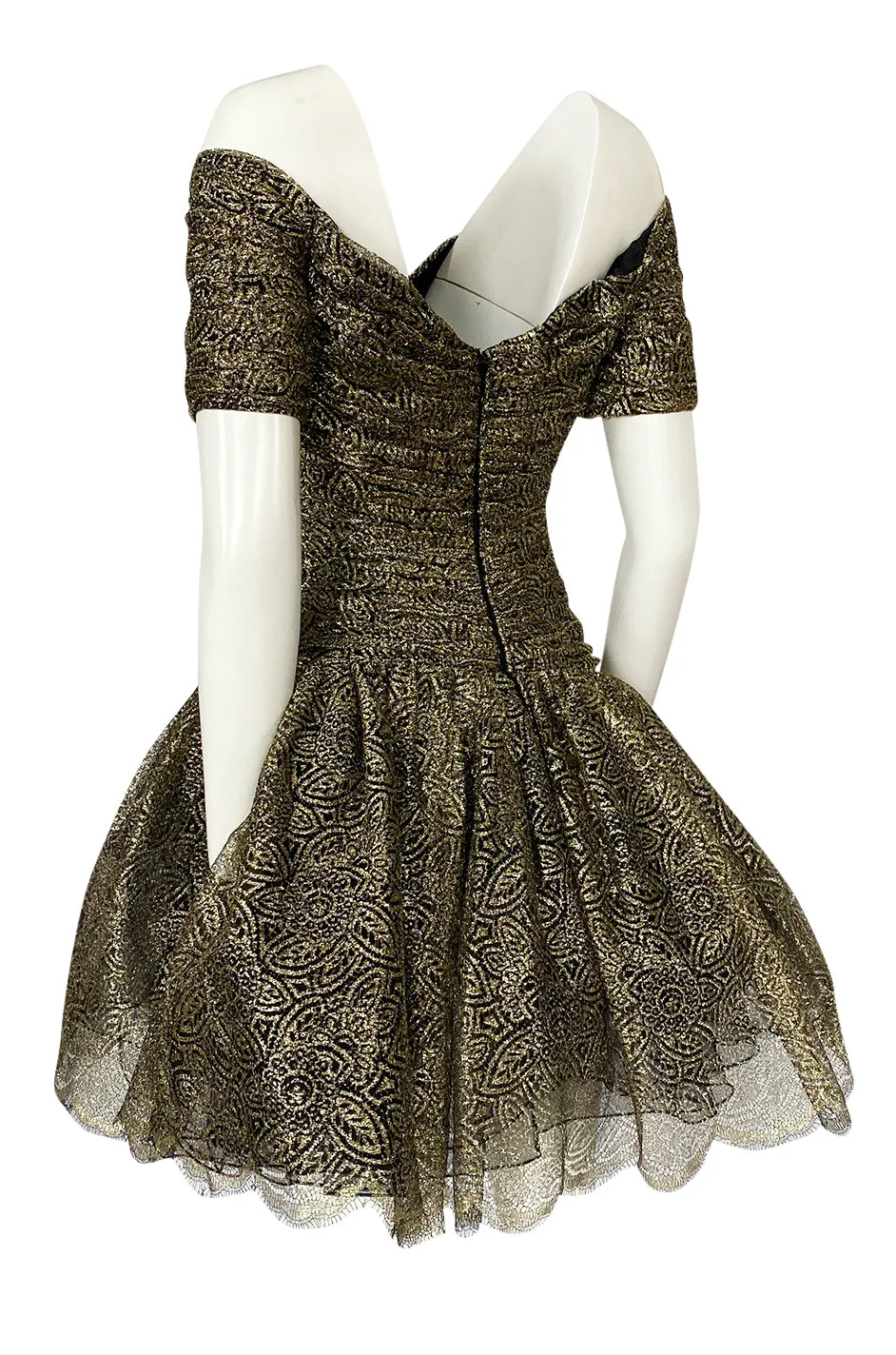 c.1984 Vicky Tiel Couture Metallic Gold & Black Lace Pouf Skirt Mini Dress