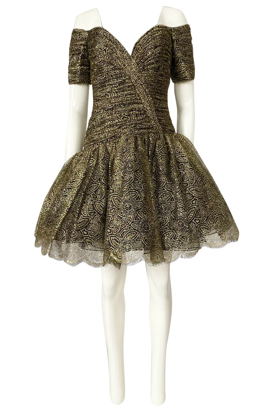 c.1984 Vicky Tiel Couture Metallic Gold & Black Lace Pouf Skirt Mini Dress