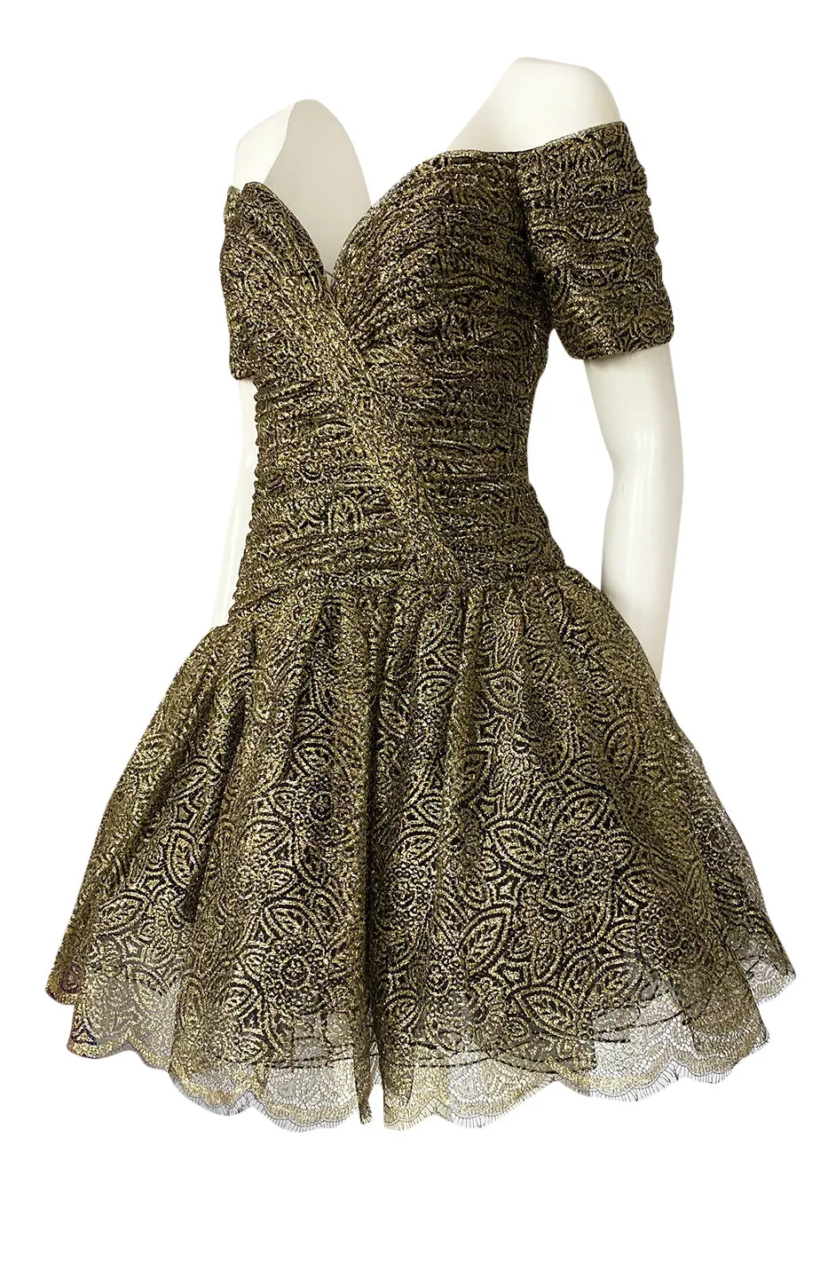 c.1984 Vicky Tiel Couture Metallic Gold & Black Lace Pouf Skirt Mini Dress