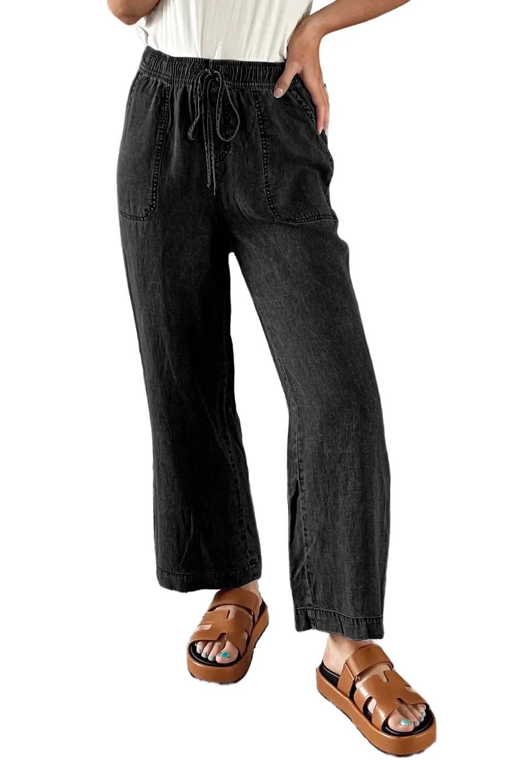 Carbon Grey Mineral Wash Drawstring Waist Loose Straight Denim Pants